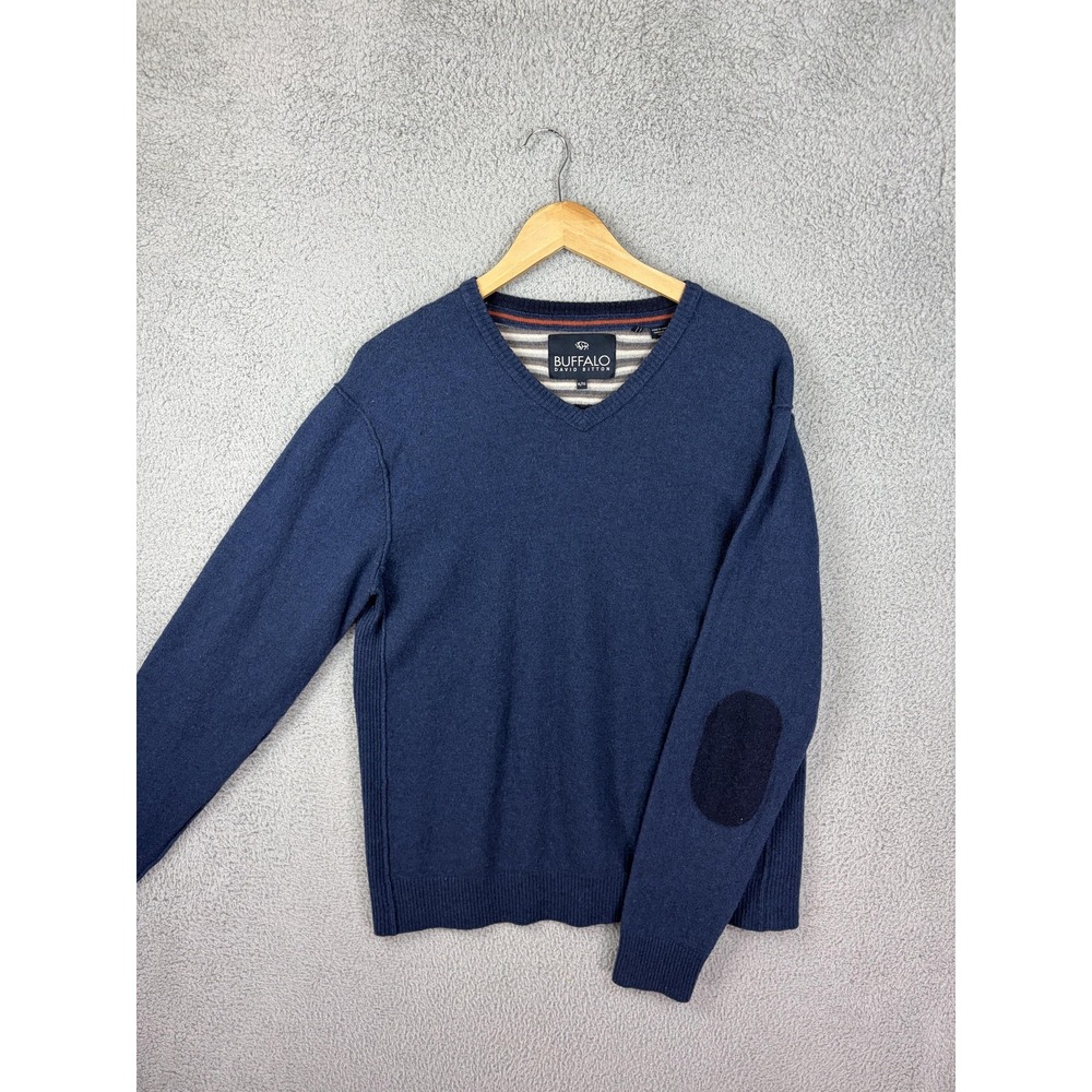Buffalo David Bitton Sweater Mens XL Blue Lambswool V Neck Elbow Patch Knit Mens